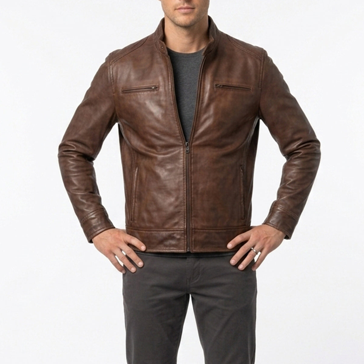 Bolvane Cognac Wax Café Racer Leather Jacket – Men's