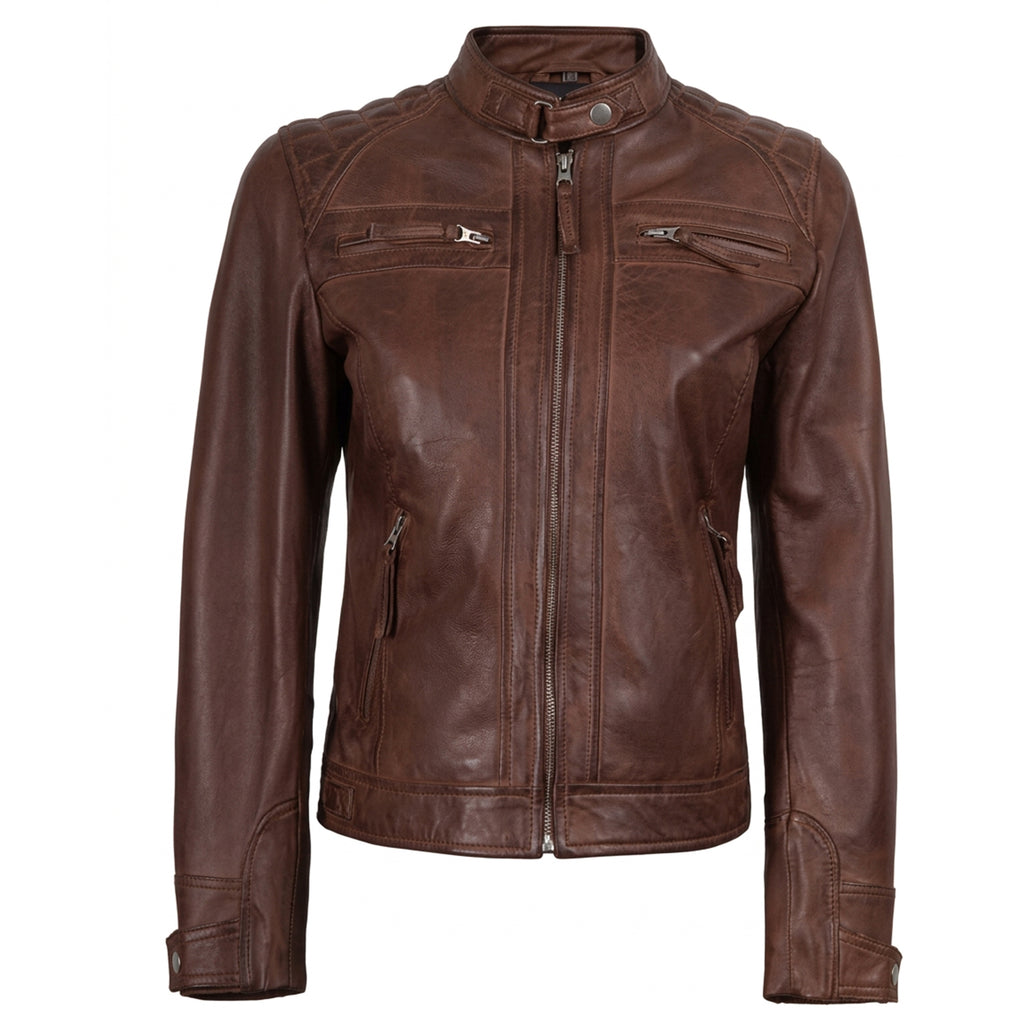 Women's Cognac Wax Leather Cafe Racer Jacket