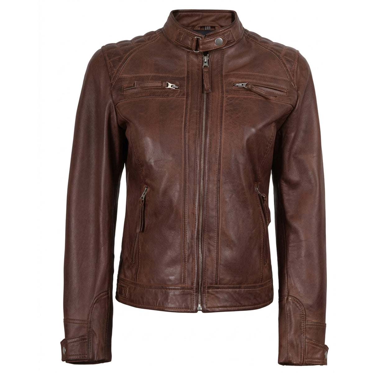 Women's Cognac Wax Leather Cafe Racer Jacket