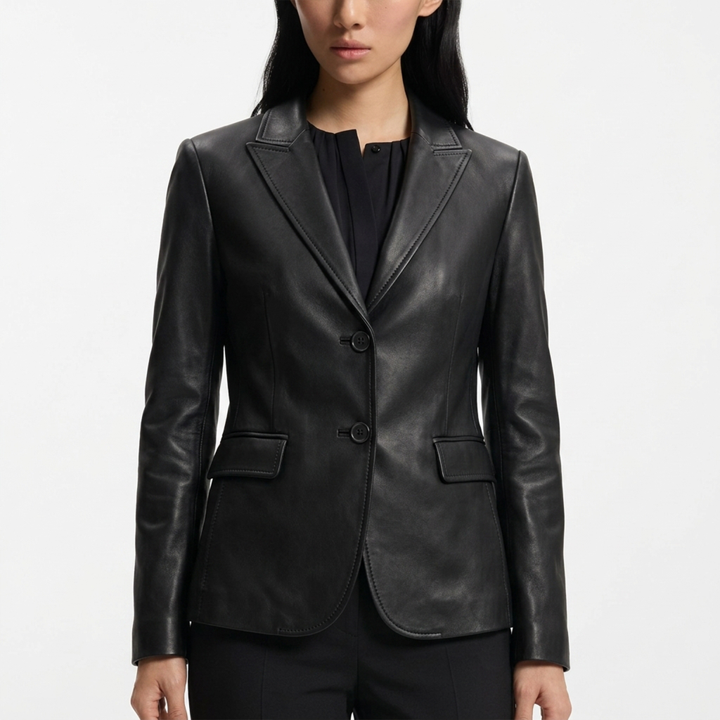 Women's Black Two-Button Leather Blazer