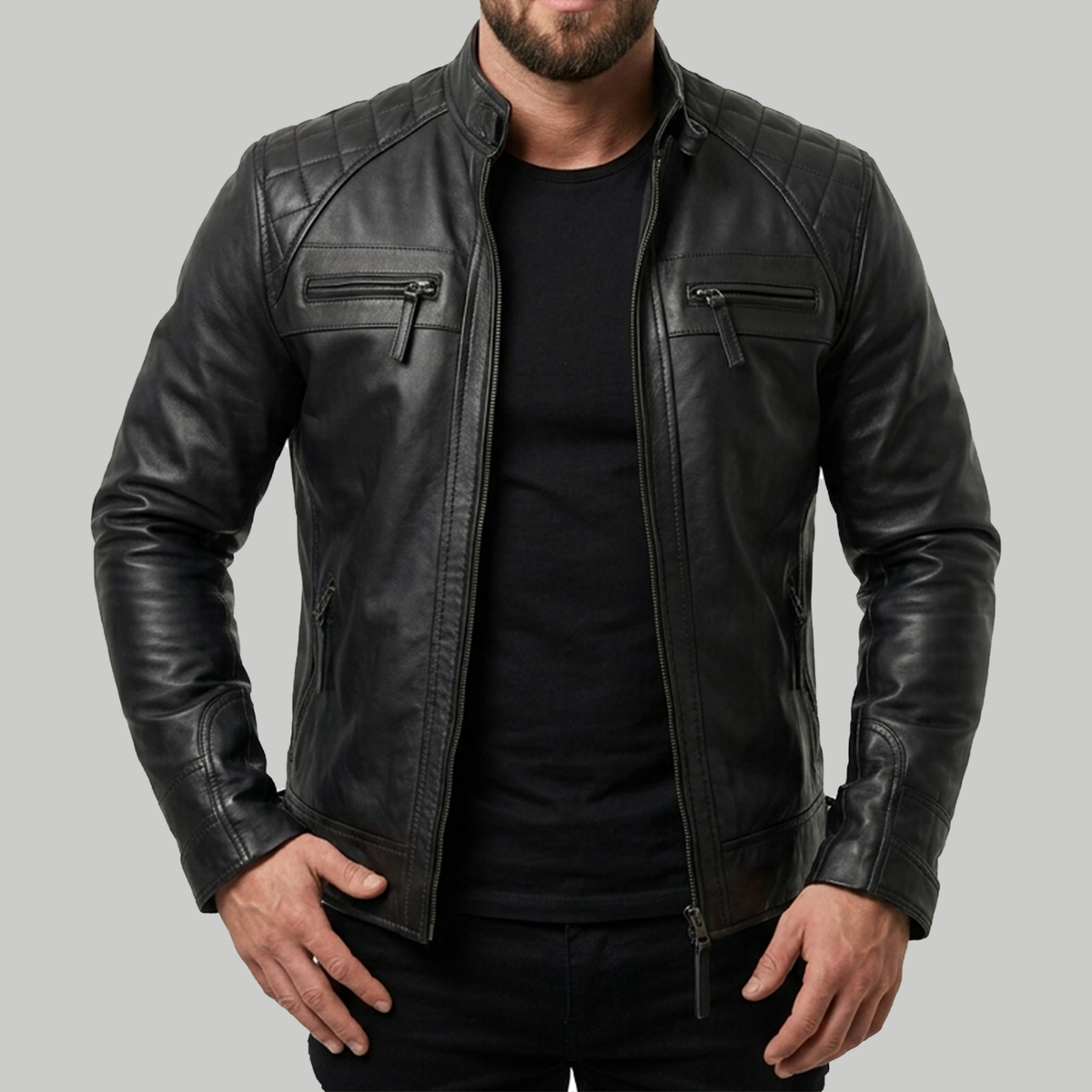 Men's Black Leather Cafe Racer Jacket