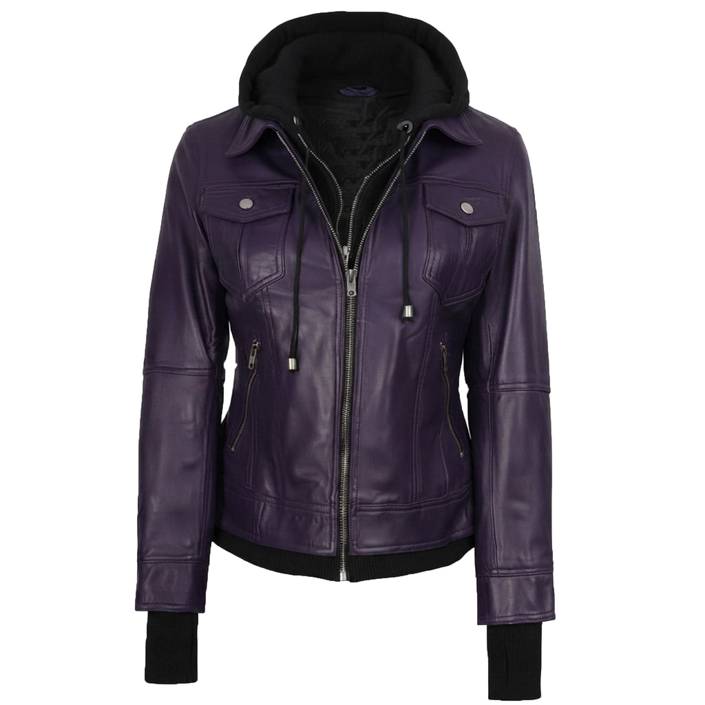 Women’s Purple Wax Leather Jacket – 2-in-1 Detachable Hood