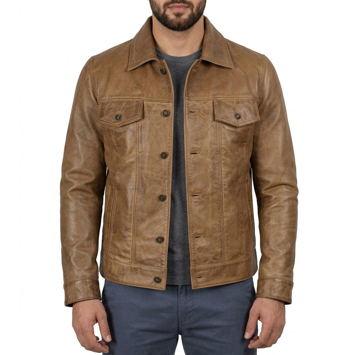 Bolvane Camel Wax Leather Trucker Jacket – Men's