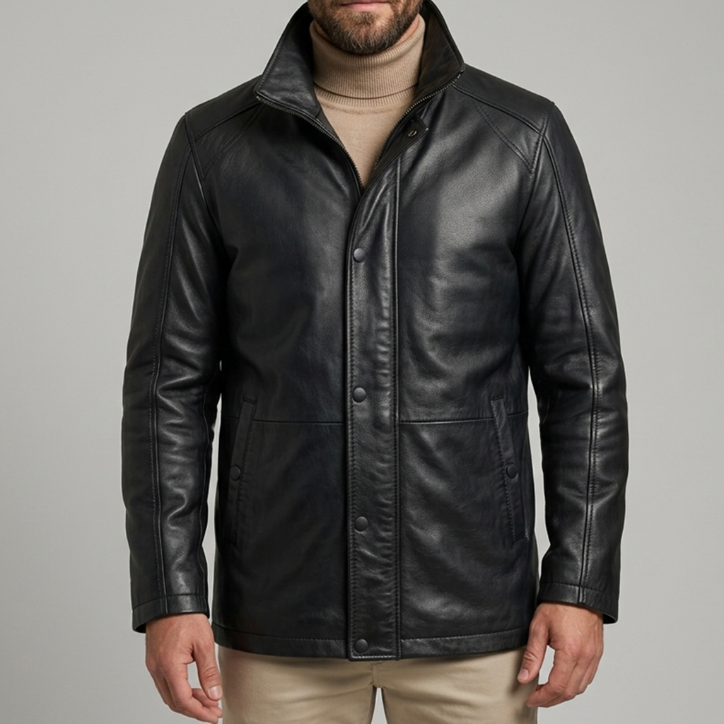 Men's Black Leather Stand Collar Car Coat