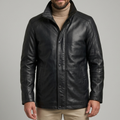Men's Black Leather Stand Collar Car Coat