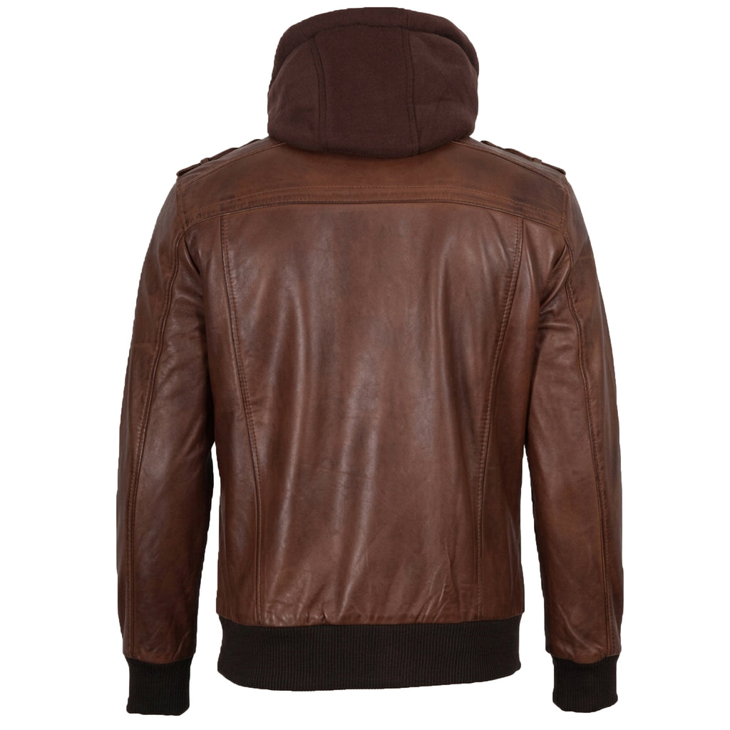 Men’s Cognac Wax Leather Bomber Jacket with Detachable Hood