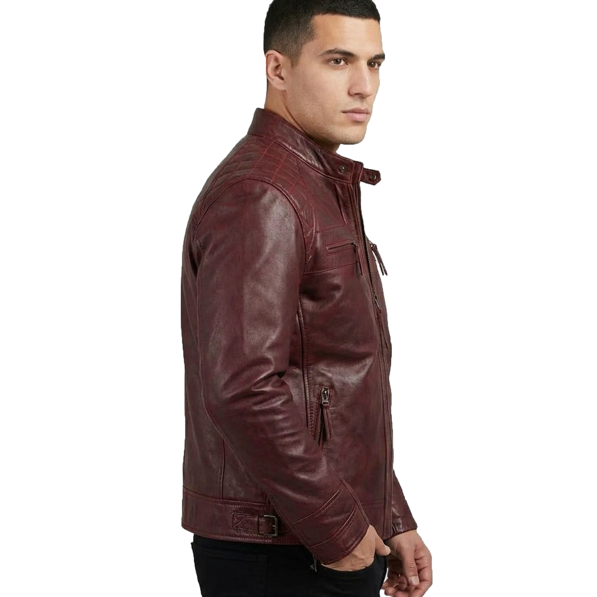 Men's Maroon Wax Leather Cafe Racer Jacket