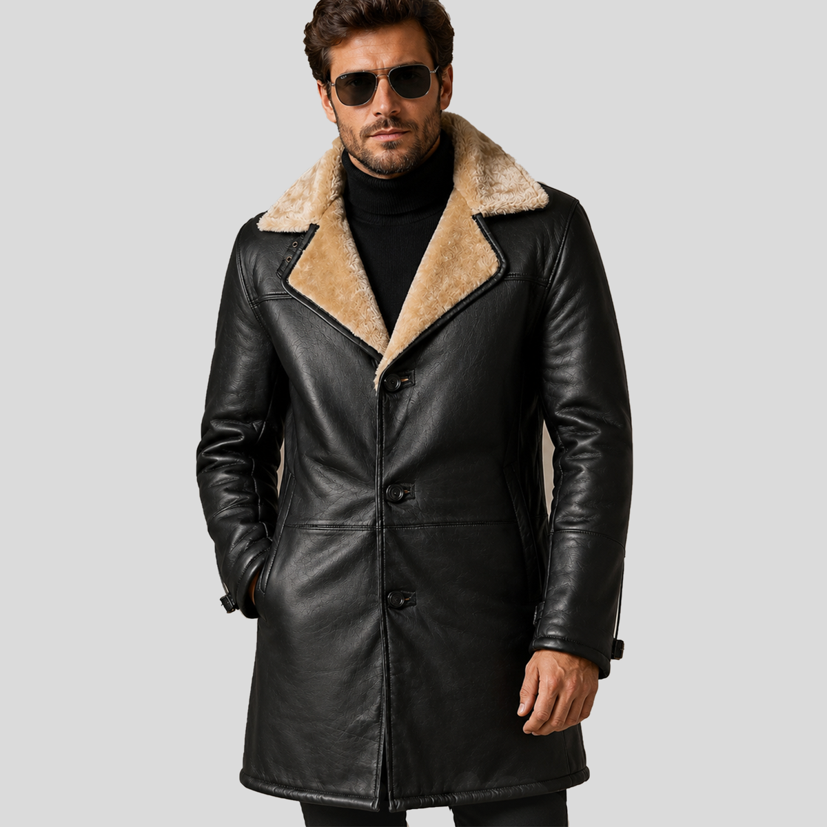 Men’s Black Lambskin Beige Shearling Trench Coat