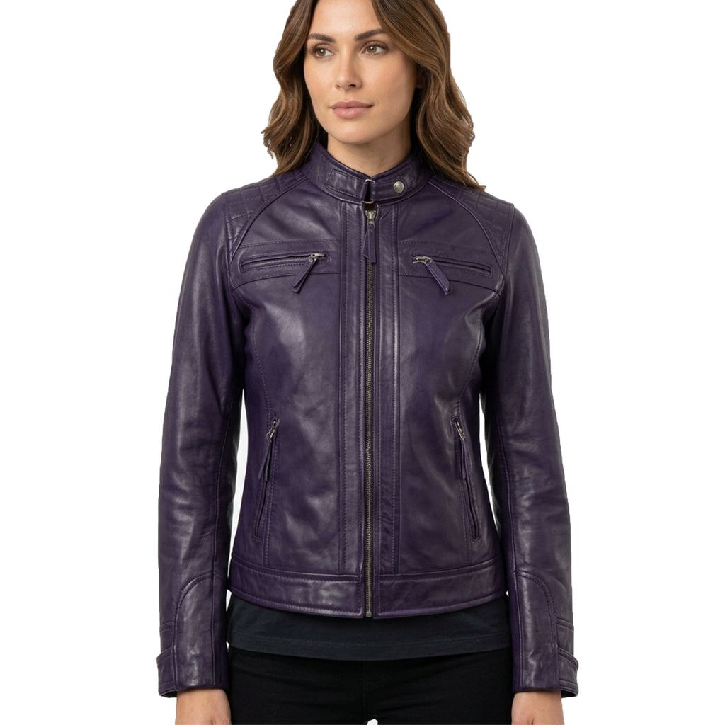Women's Purple Wax Leather Cafe-Racer Jacket