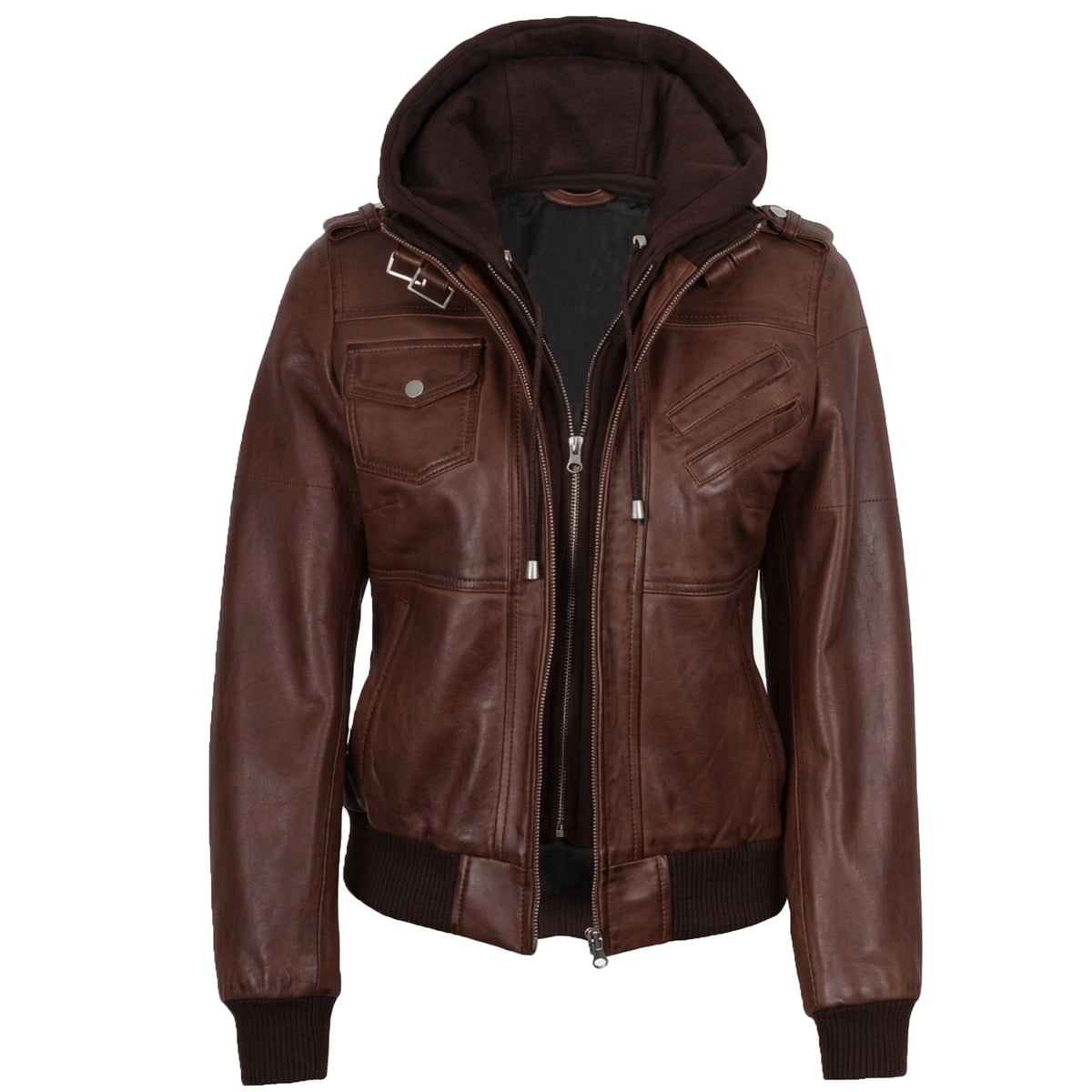 Women’s Bomber – Detachable Hood Cognac Wax Leather Jacket
