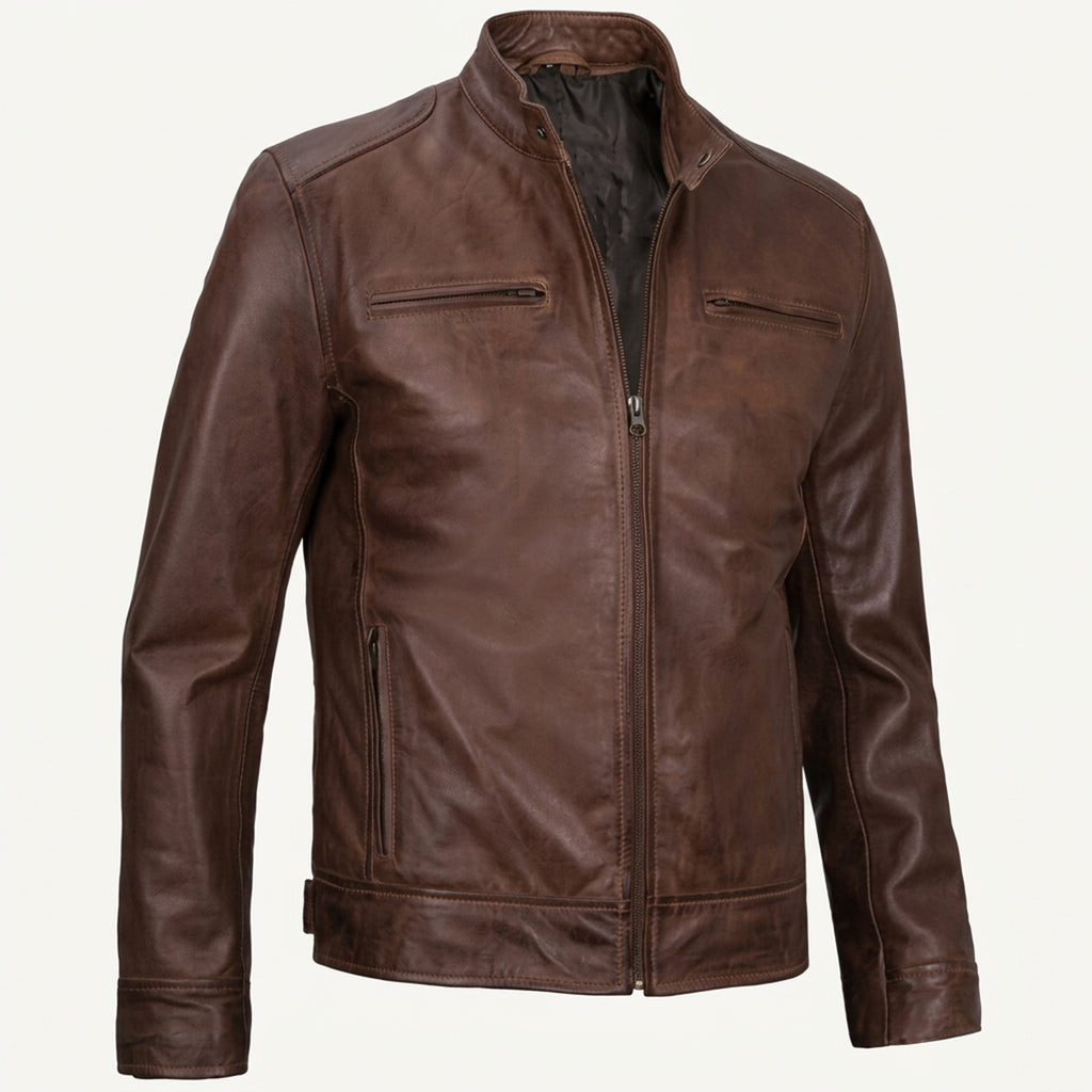 Bolvane Cognac Wax Café Racer Leather Jacket – Men's