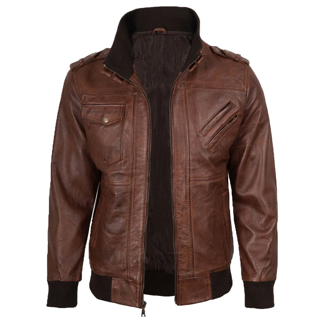 Men’s Cognac Wax Leather Bomber Jacket with Detachable Hood