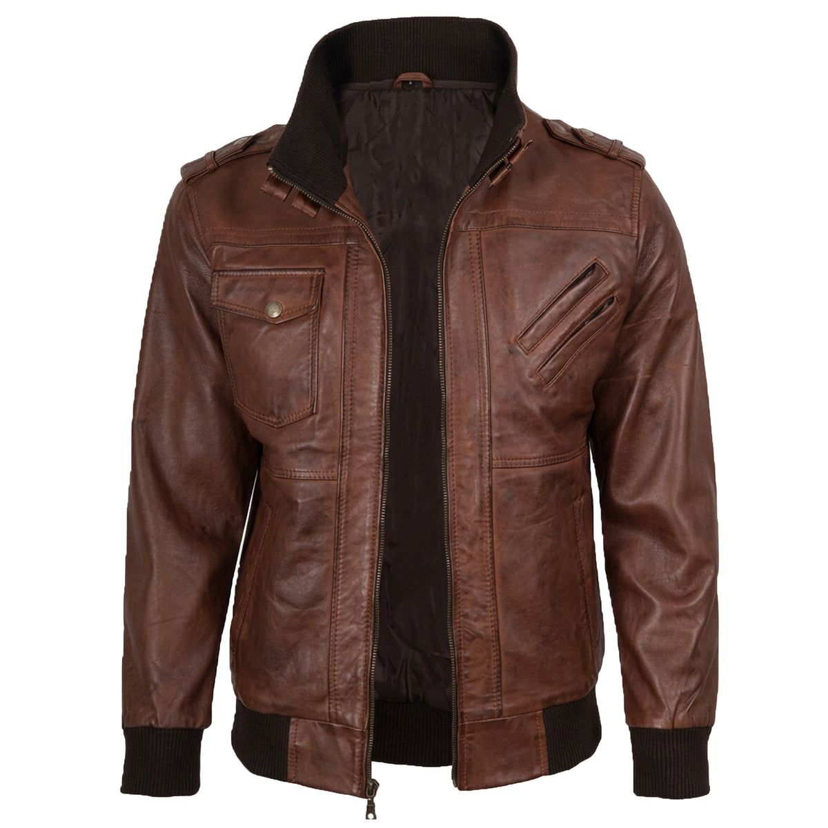 Men’s Cognac Wax Leather Bomber Jacket with Detachable Hood