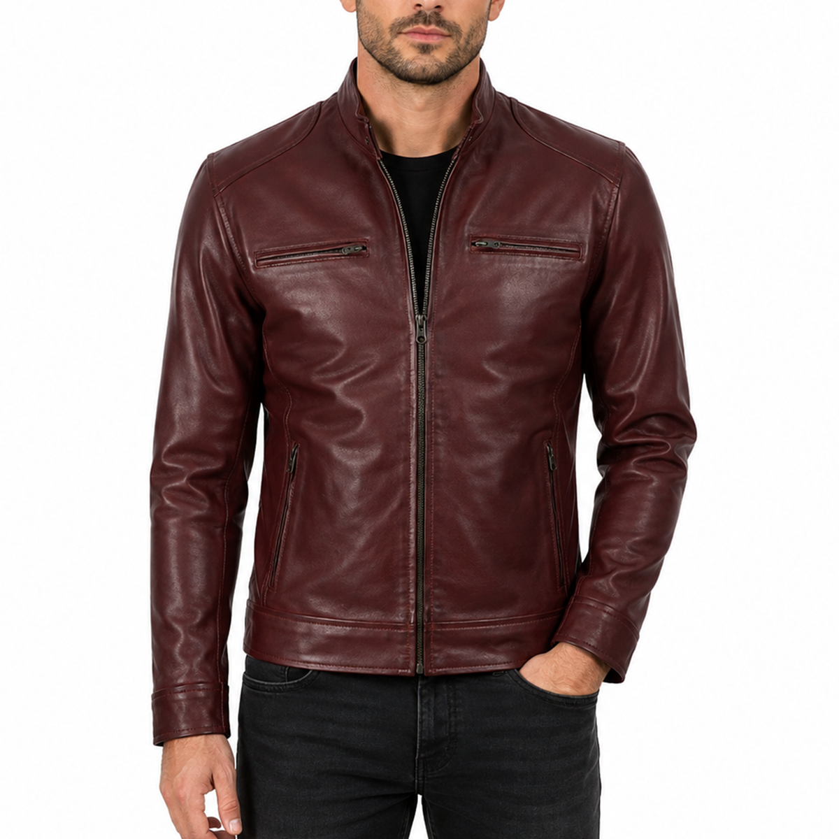 Bolvane Burgundy Café Racer Leather Jacket – Men's