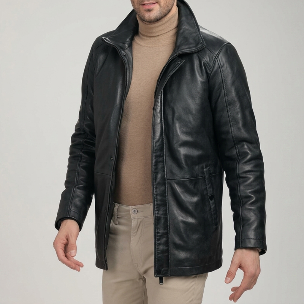 Men's Black Leather Stand Collar Car Coat