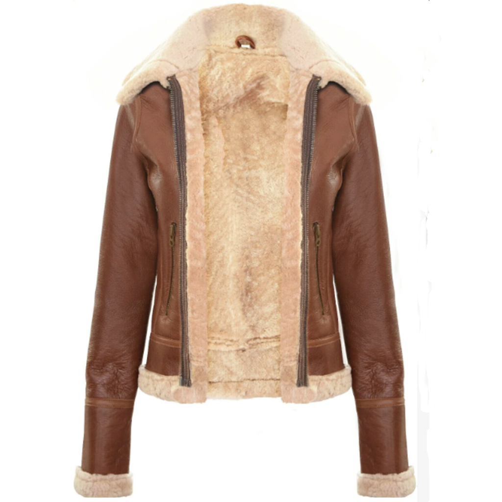 Women's Cognac Leather Shearling Aviator Jacket