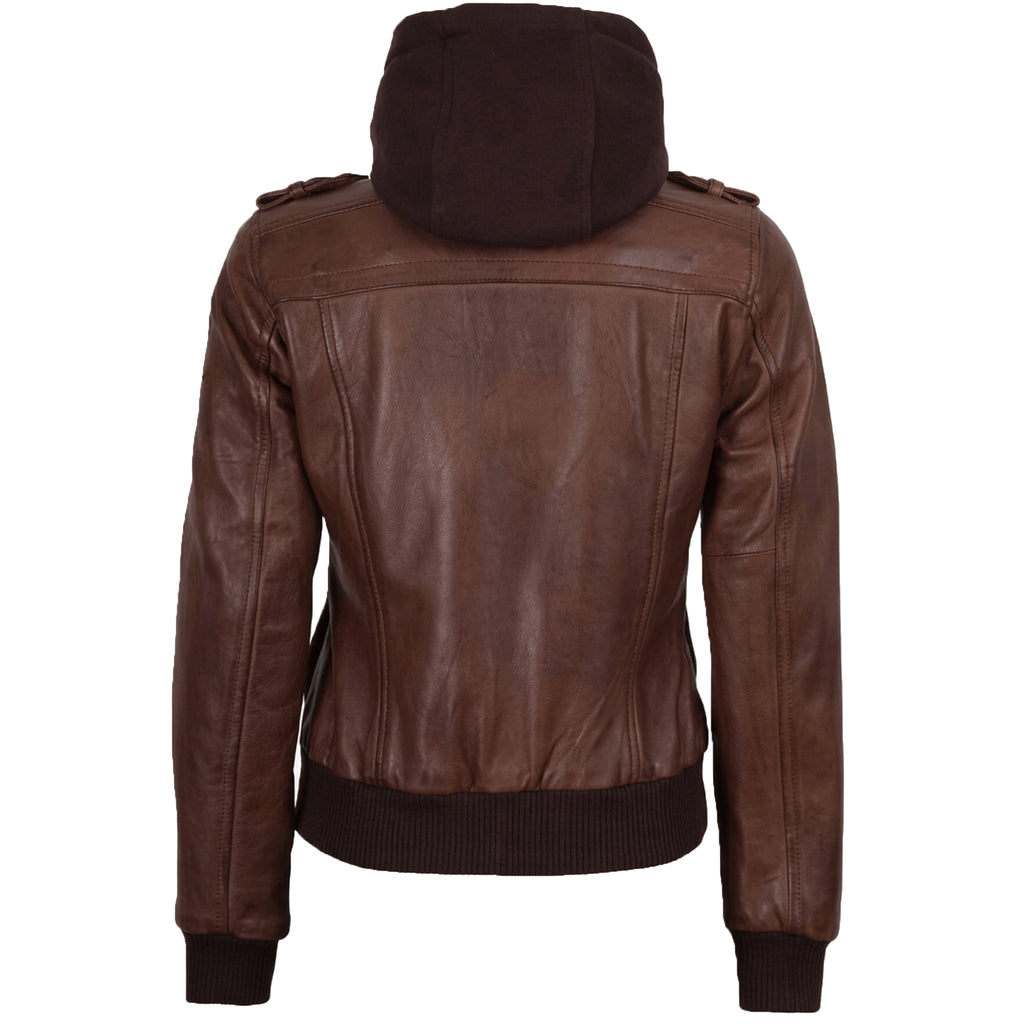 Women’s Bomber – Detachable Hood Cognac Wax Leather Jacket