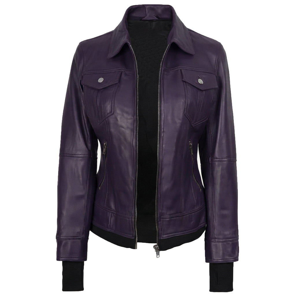 Women’s Purple Wax Leather Jacket – 2-in-1 Detachable Hood