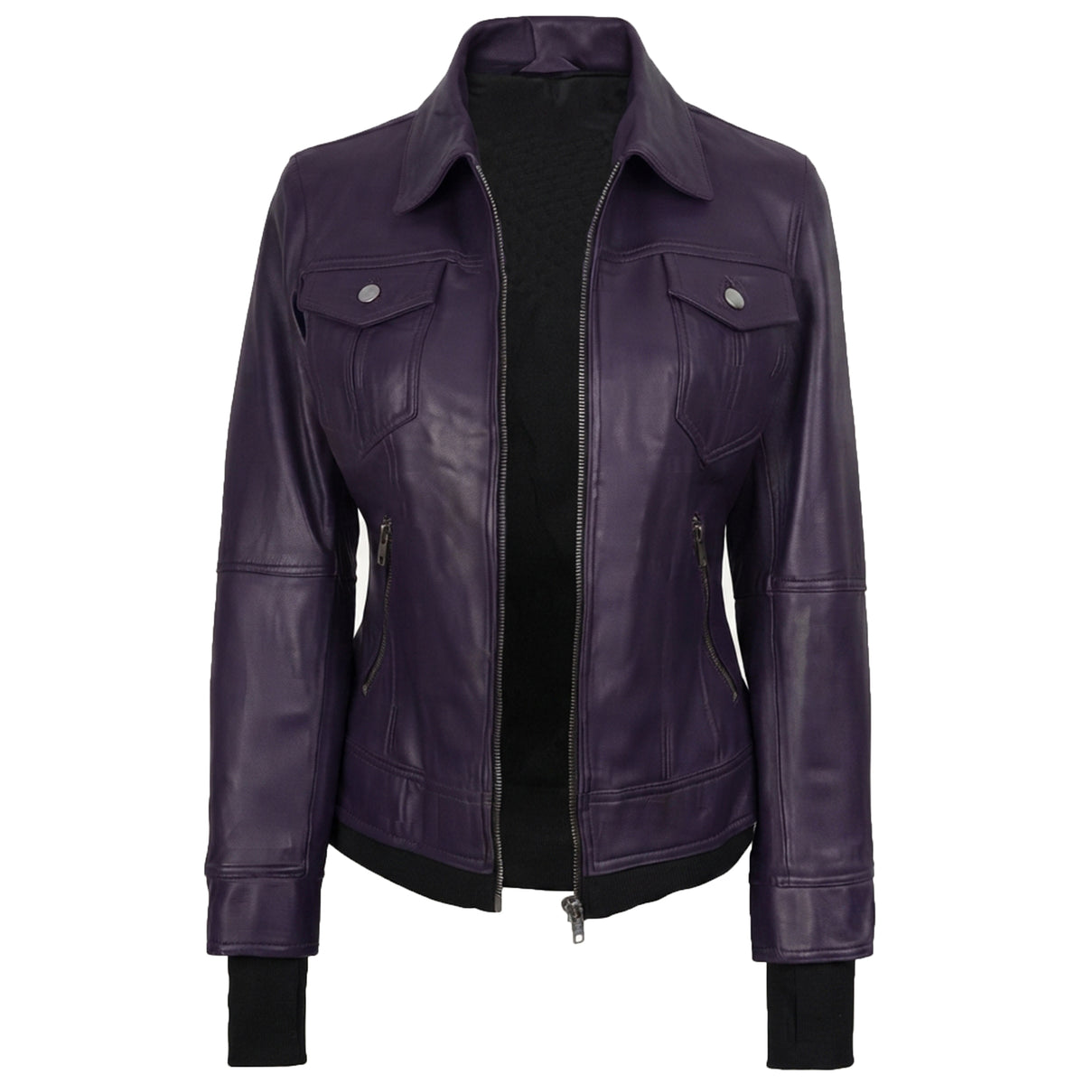 Women’s Purple Wax Leather Jacket – 2-in-1 Detachable Hood