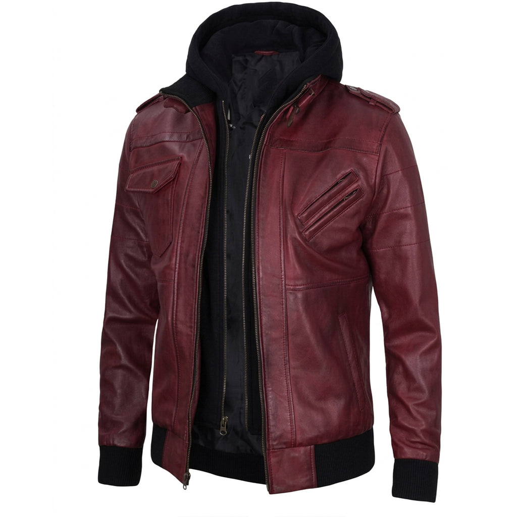 Men’s Maroon Wax Leather Bomber Jacket with Detachable Hood