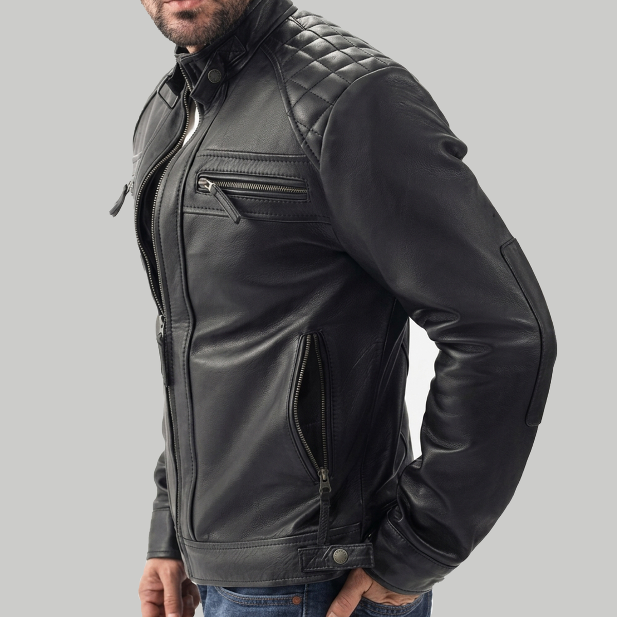 Men's Black Leather Cafe Racer Jacket