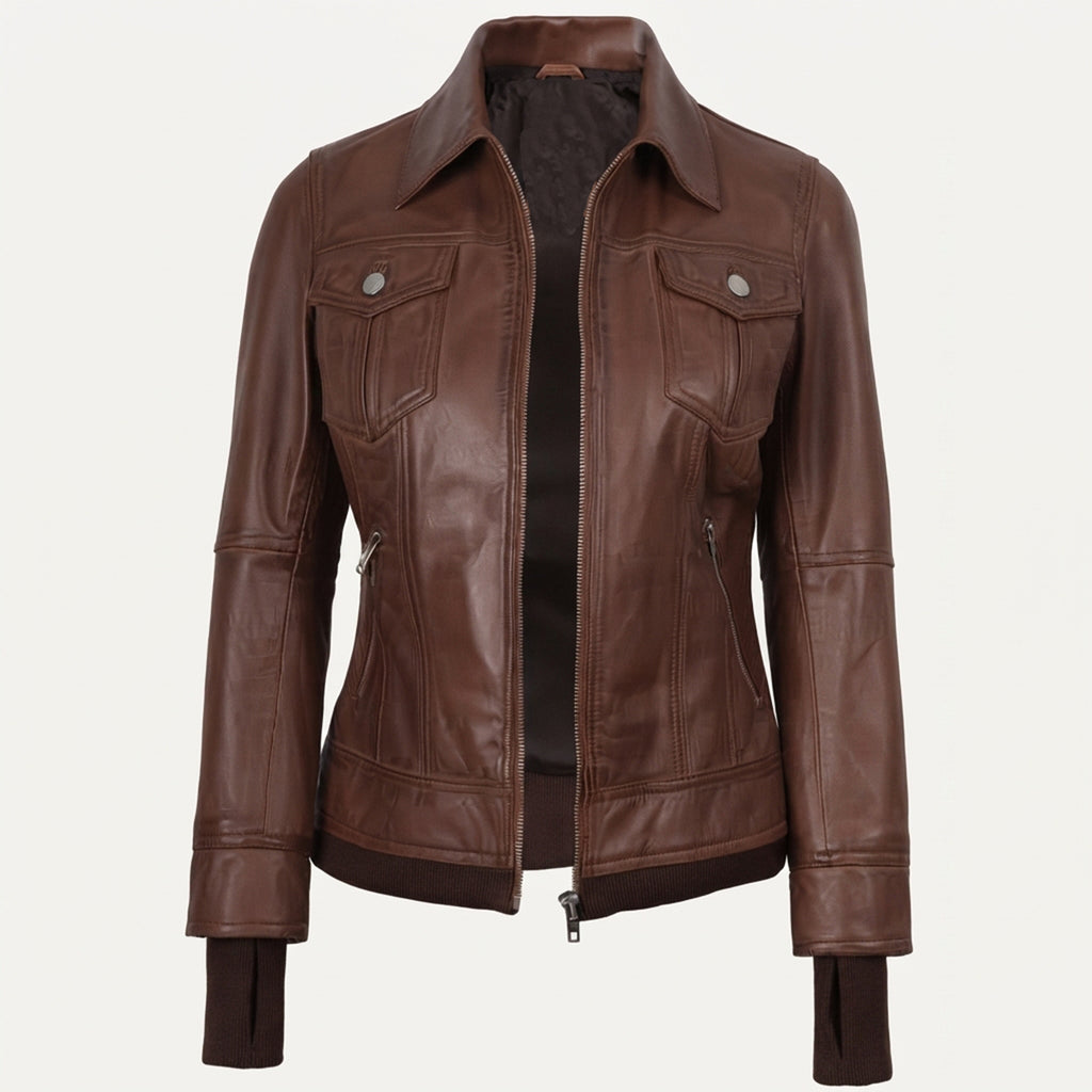 Women’s Cognac Wax Leather Jacket – 2-in-1 Detachable Hood