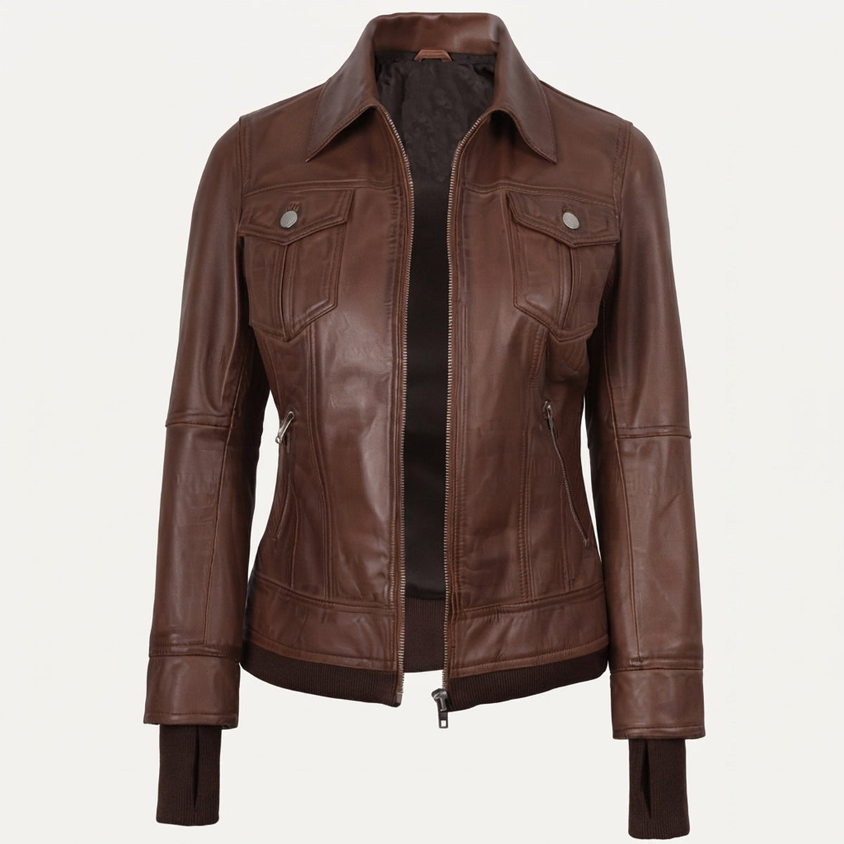 Women’s Cognac Wax Leather Jacket – 2-in-1 Detachable Hood