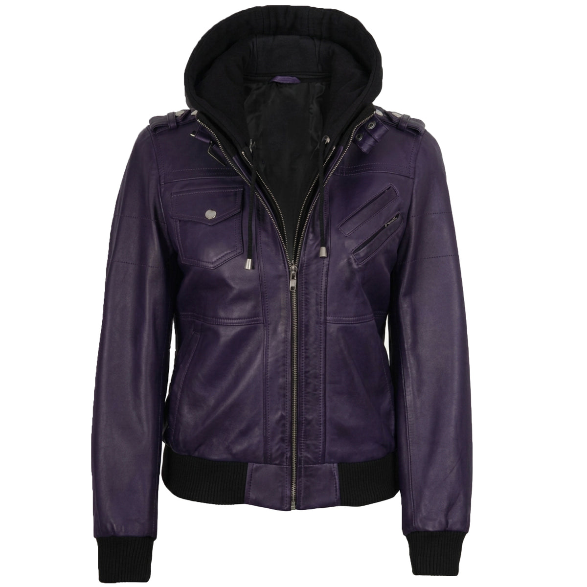 Women’s Bomber – Detachable Hood Purple Wax Leather Jacket