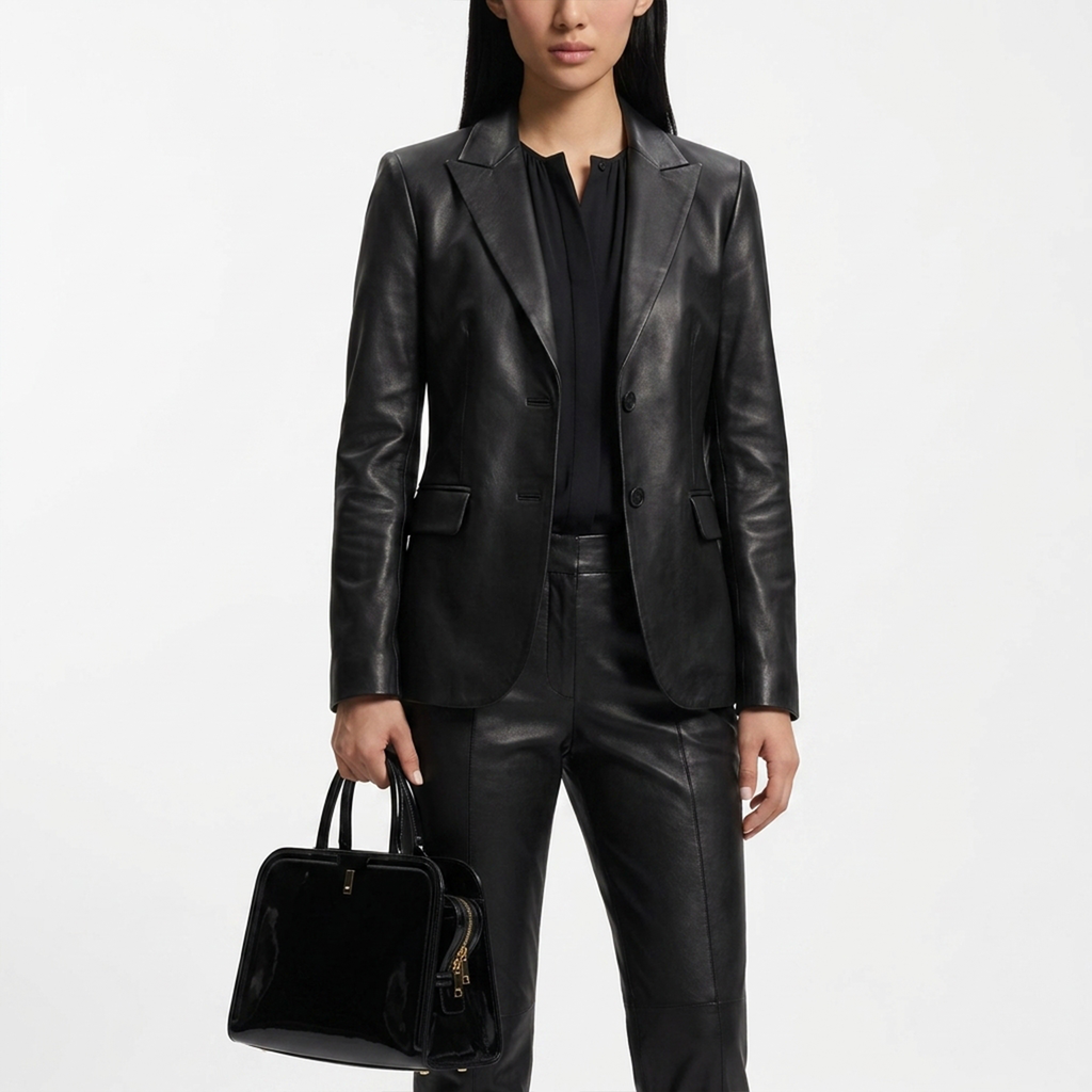 Women's Black Two-Button Leather Blazer
