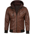 Men’s Cognac Wax Leather Bomber Jacket with Detachable Hood
