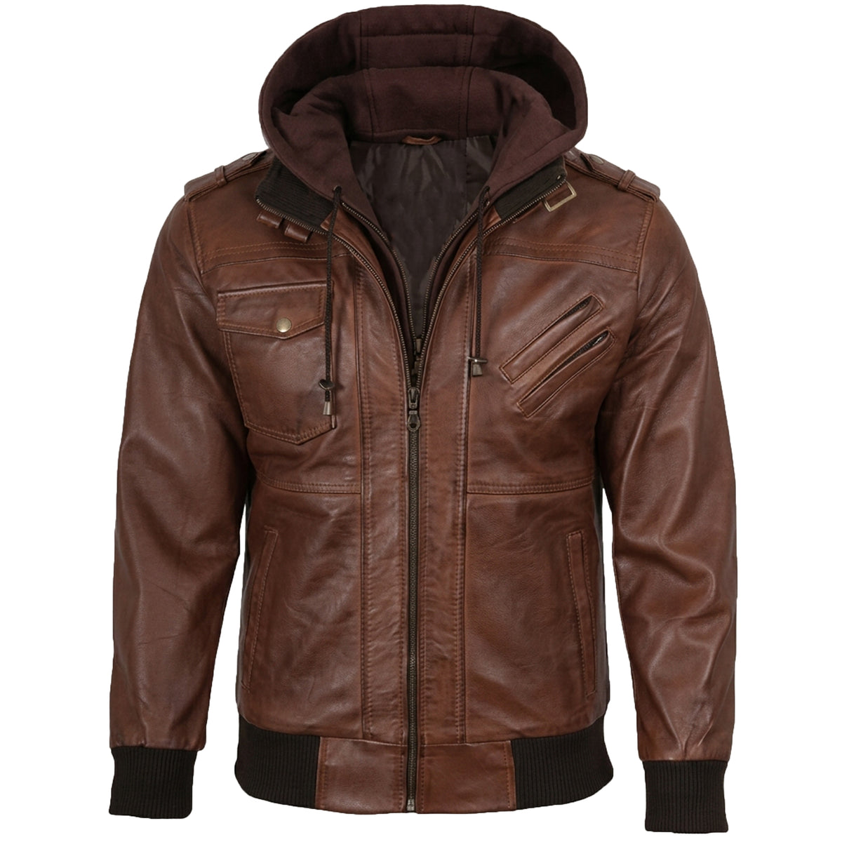Men’s Cognac Wax Leather Bomber Jacket with Detachable Hood
