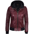 Women’s  Bomber – Detachable Hood Maroon Leather Jacket