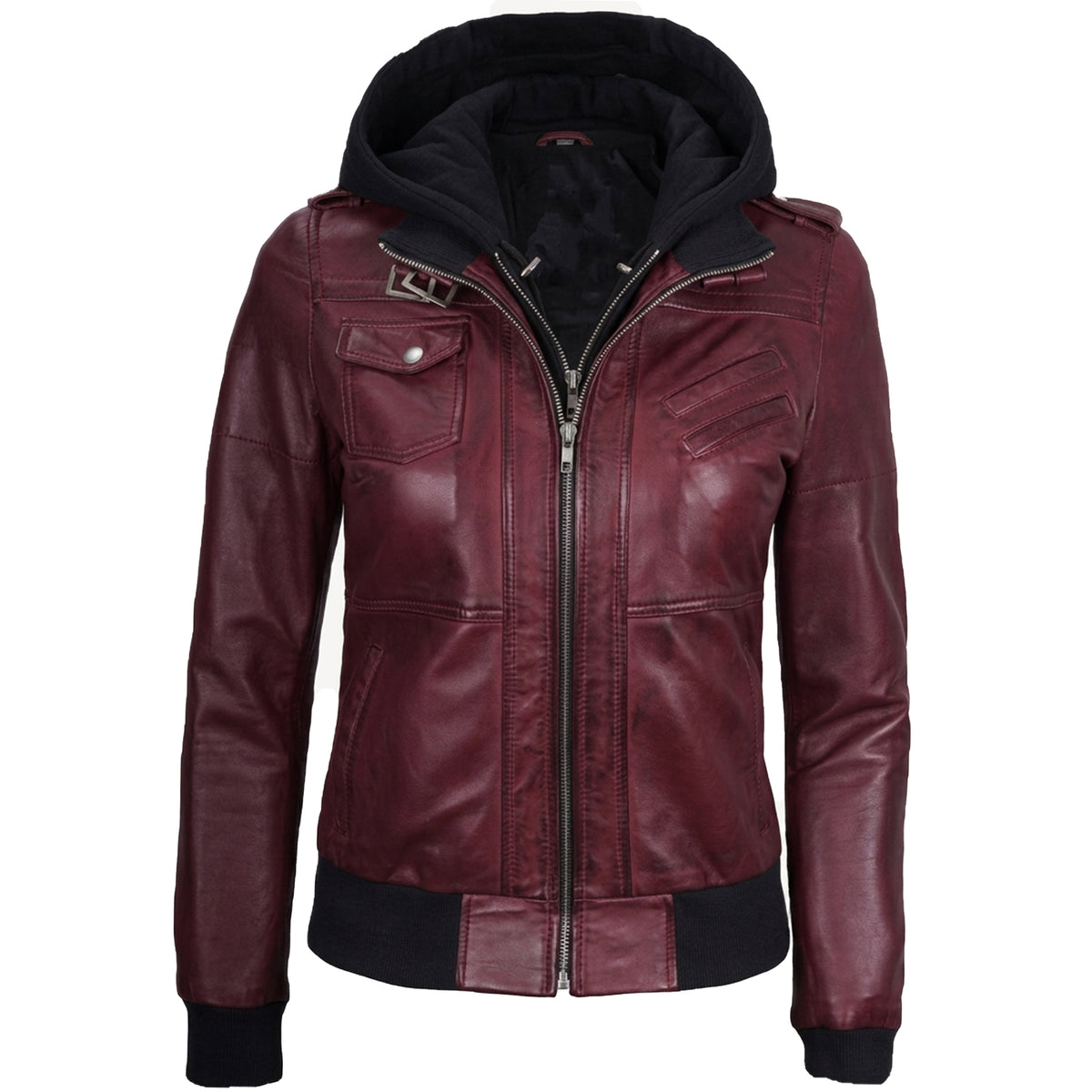 Women’s  Bomber – Detachable Hood Maroon Leather Jacket