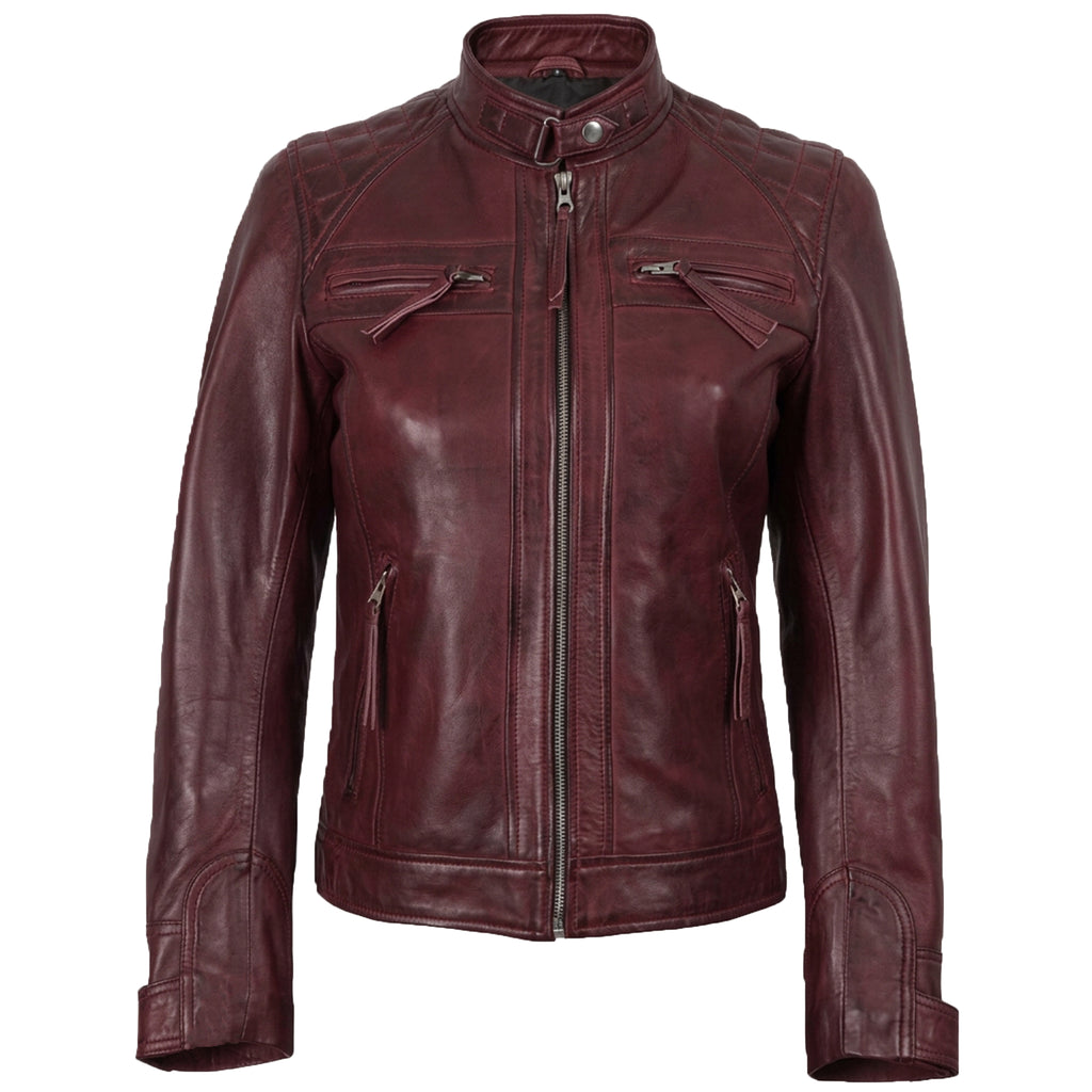 Women's Maroon Wax Leather Cafe-Racer Jacket