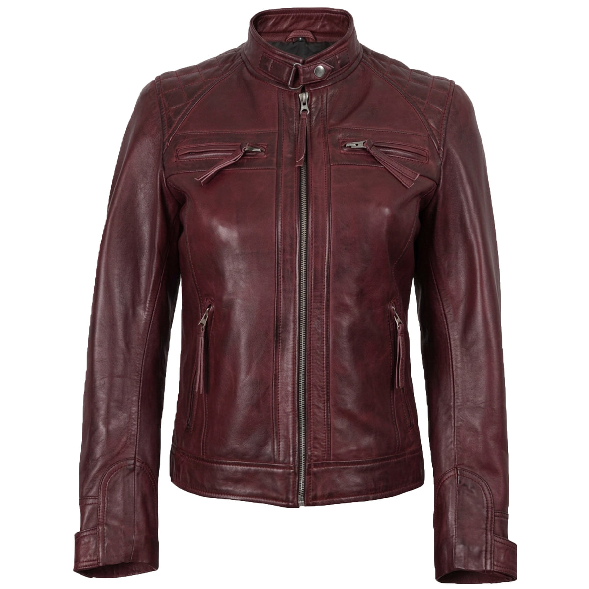 Women's Maroon Wax Leather Cafe-Racer Jacket