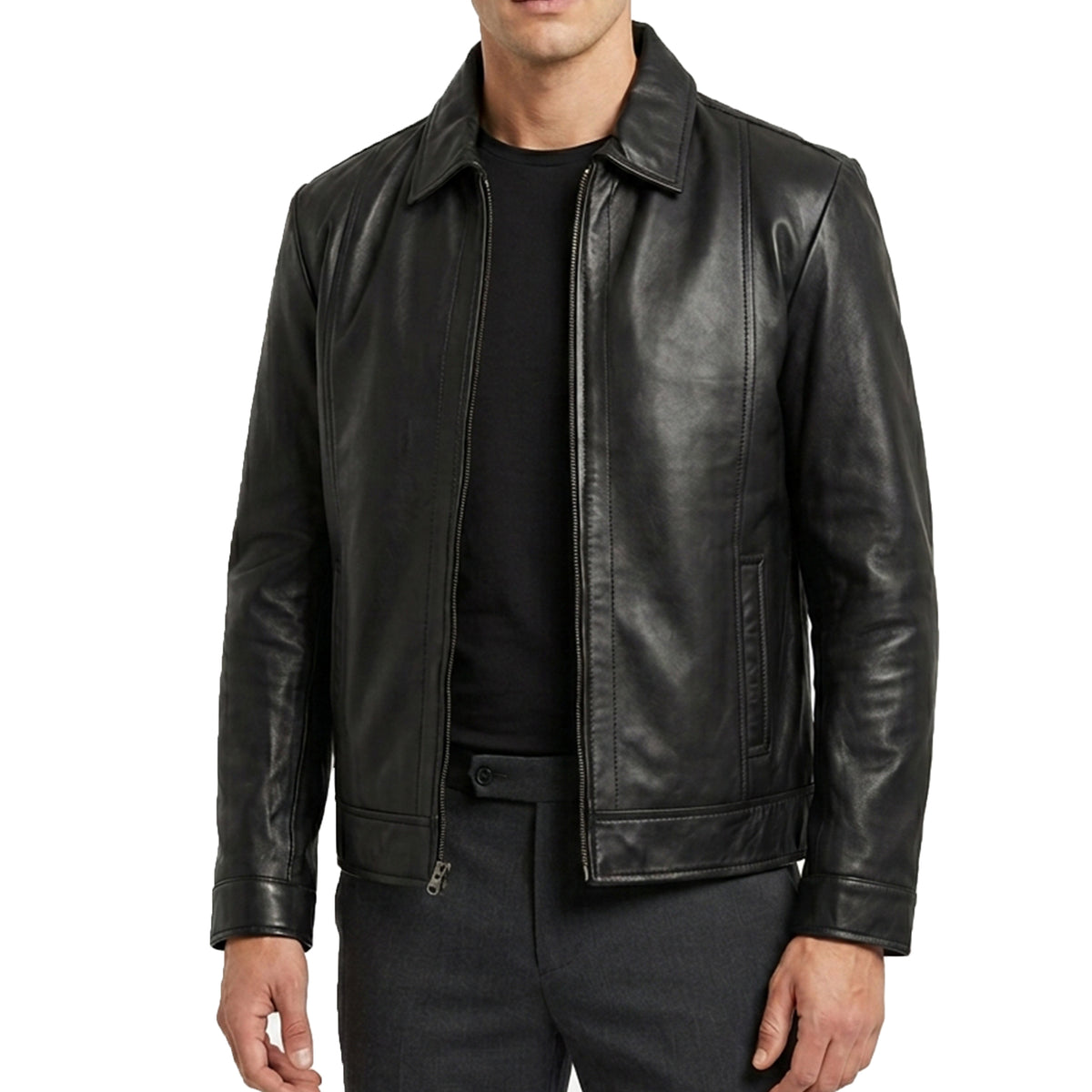 Men’s Vintage-Style Shirt Collar Leather Jacket Black