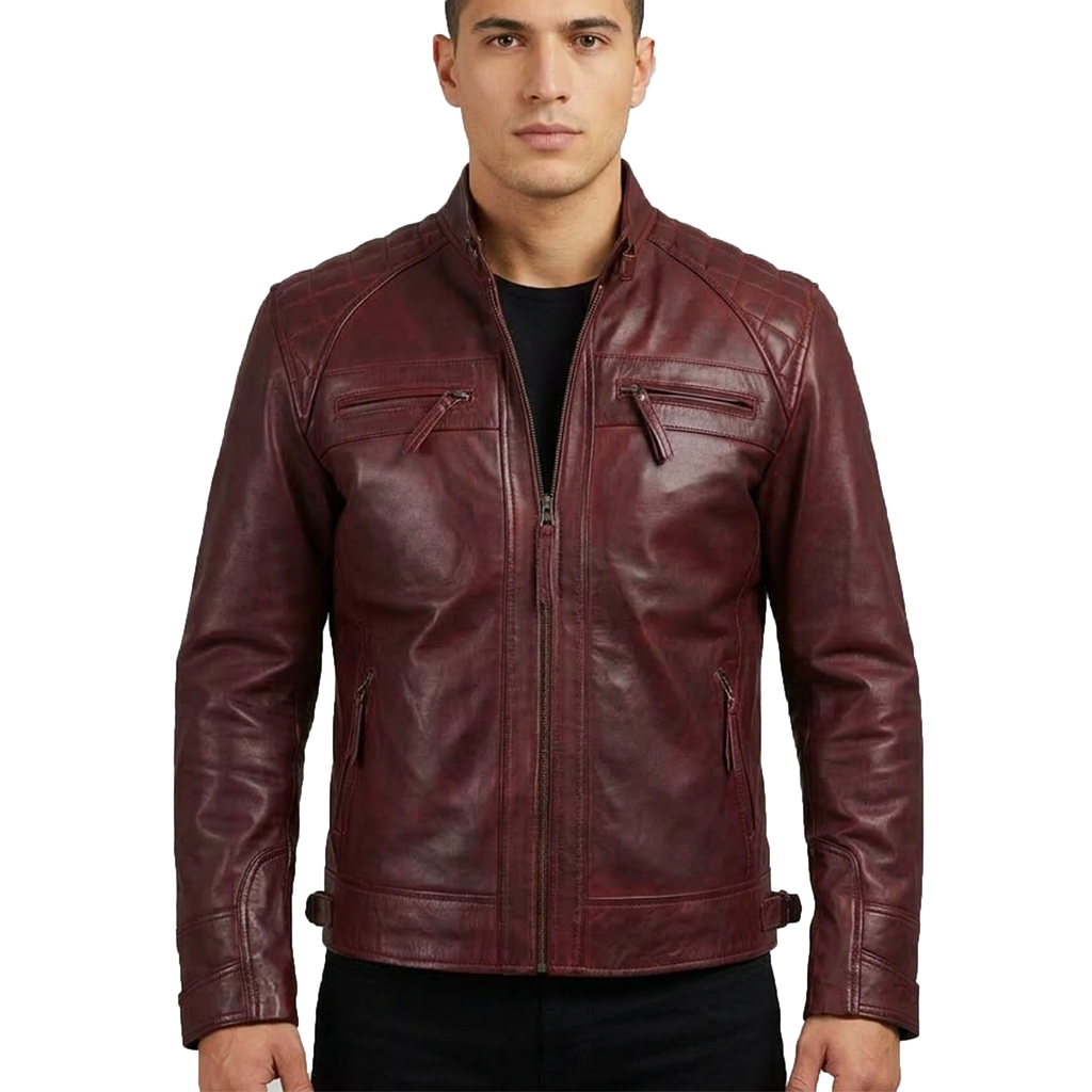 Men's Maroon Wax Leather Cafe Racer Jacket