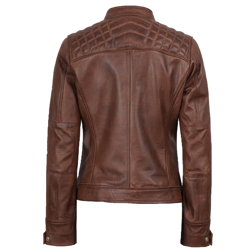 Women's Cognac Wax Leather Cafe Racer Jacket