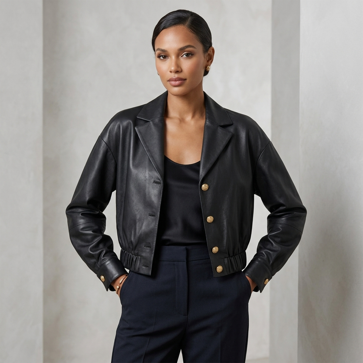 Women's Black Drop Shoulder Cropped Leather Lapel Jacket