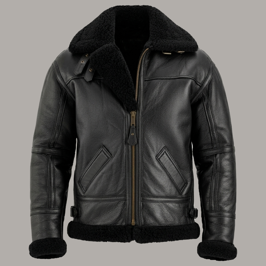 Men's Black Leather Shearling Aviator Jacket