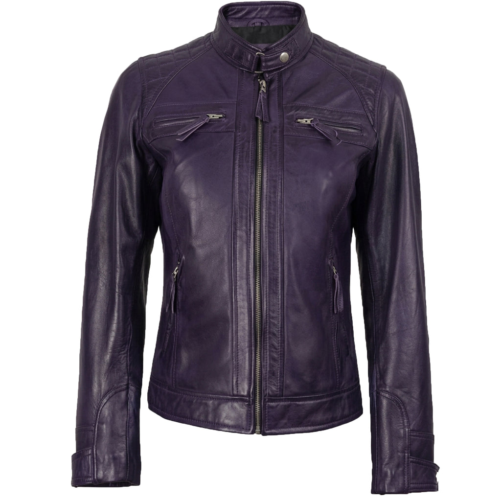 Women's Purple Wax Leather Cafe-Racer Jacket