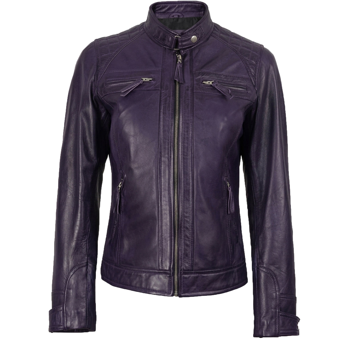 Women's Purple Wax Leather Cafe-Racer Jacket