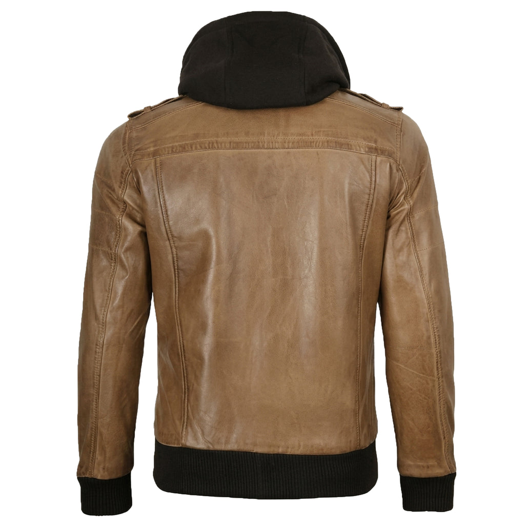 Men’s Camel Wax Leather Bomber Jacket with Detachable Hood