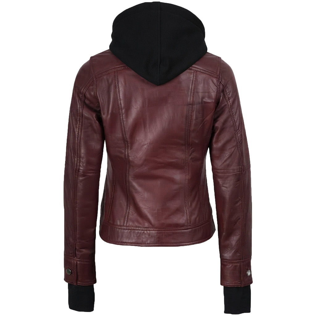 Women’s Maroon Wax Leather Jacket – 2-in-1 Detachable Hood