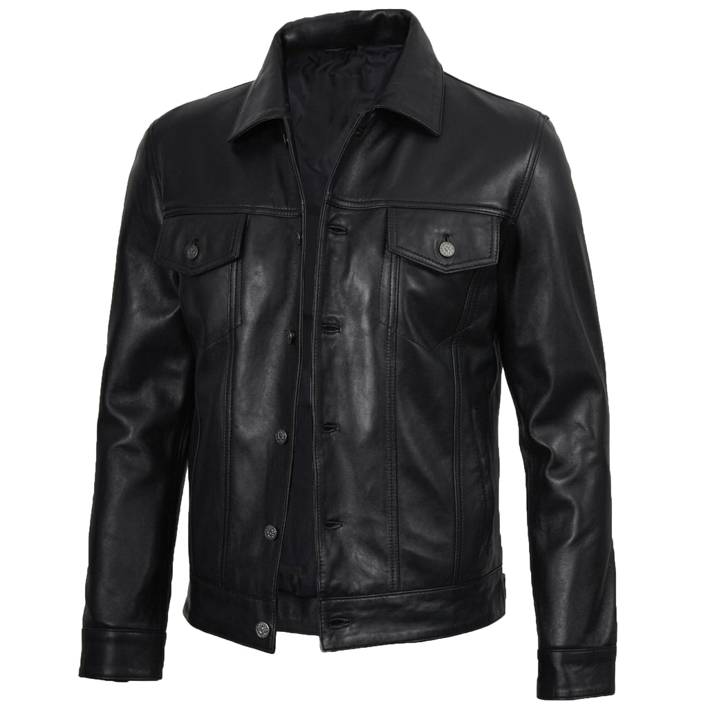 Bolvane Black Leather Trucker Jacket – Men's