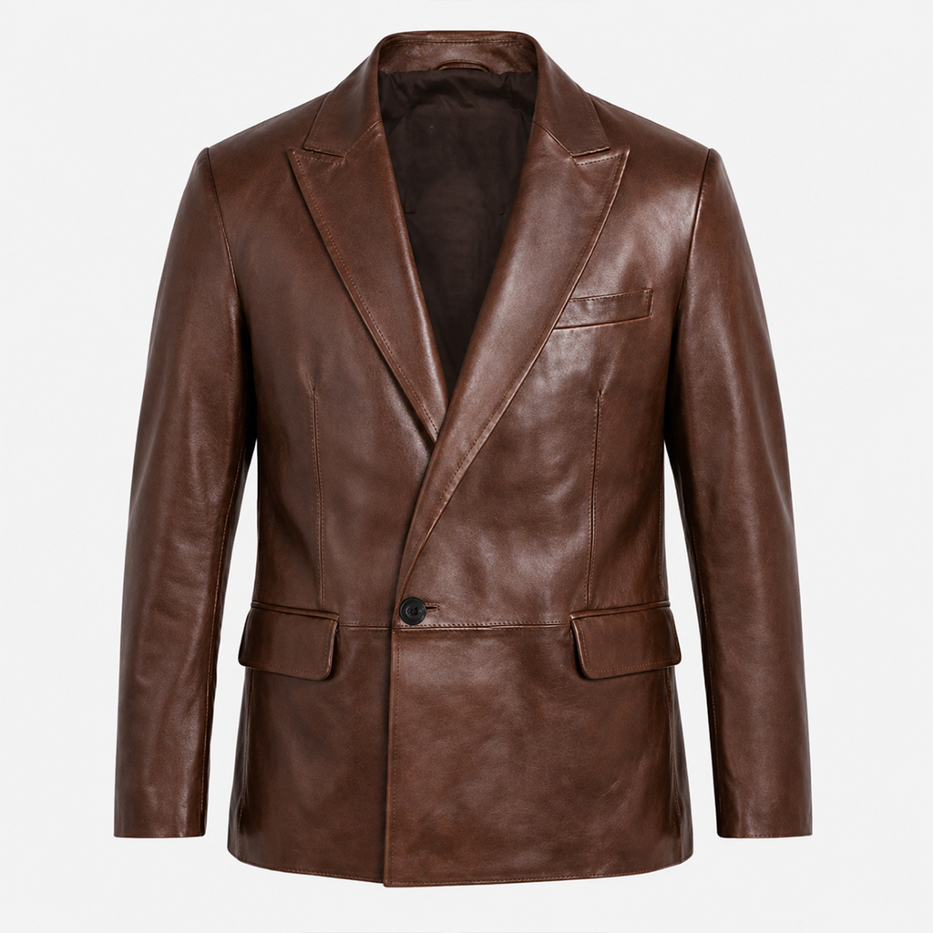 Men One-Button Leather Blazer Cognac Waxed