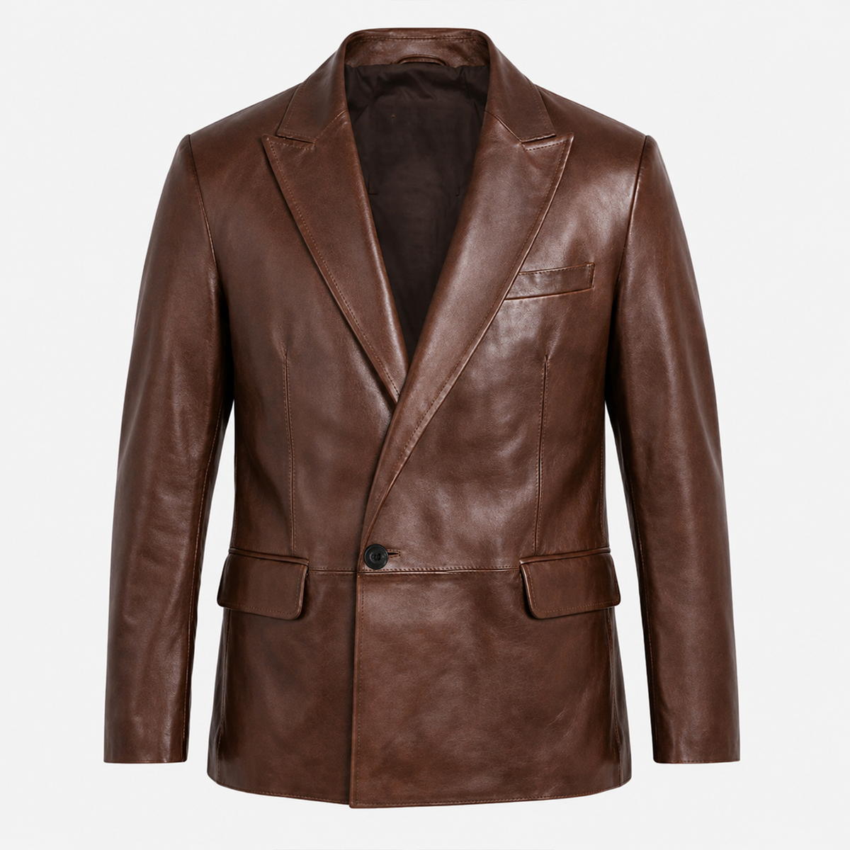 Men One-Button Leather Blazer Cognac Waxed