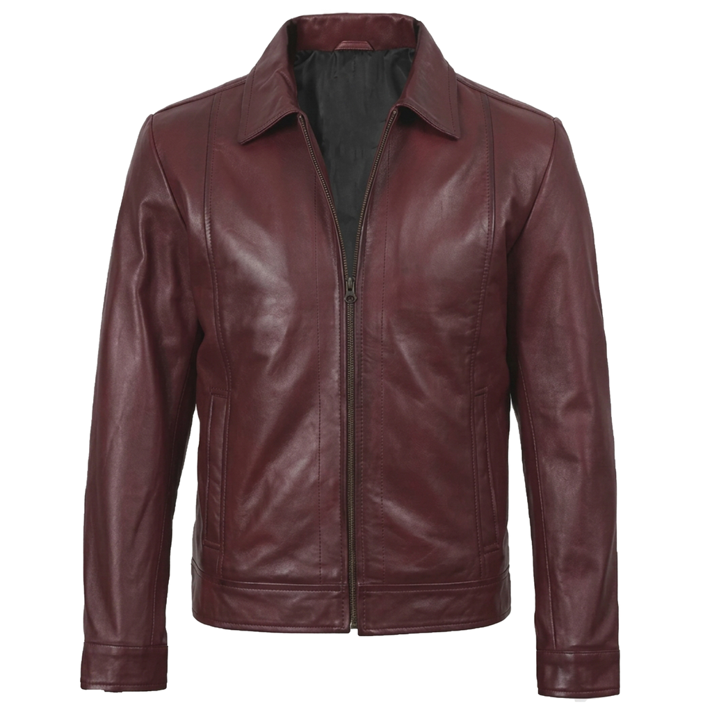 Men’s Vintage-Style Shirt Collar Leather Jacket Maroon Waxed