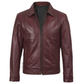Men’s Vintage-Style Shirt Collar Leather Jacket Maroon Waxed