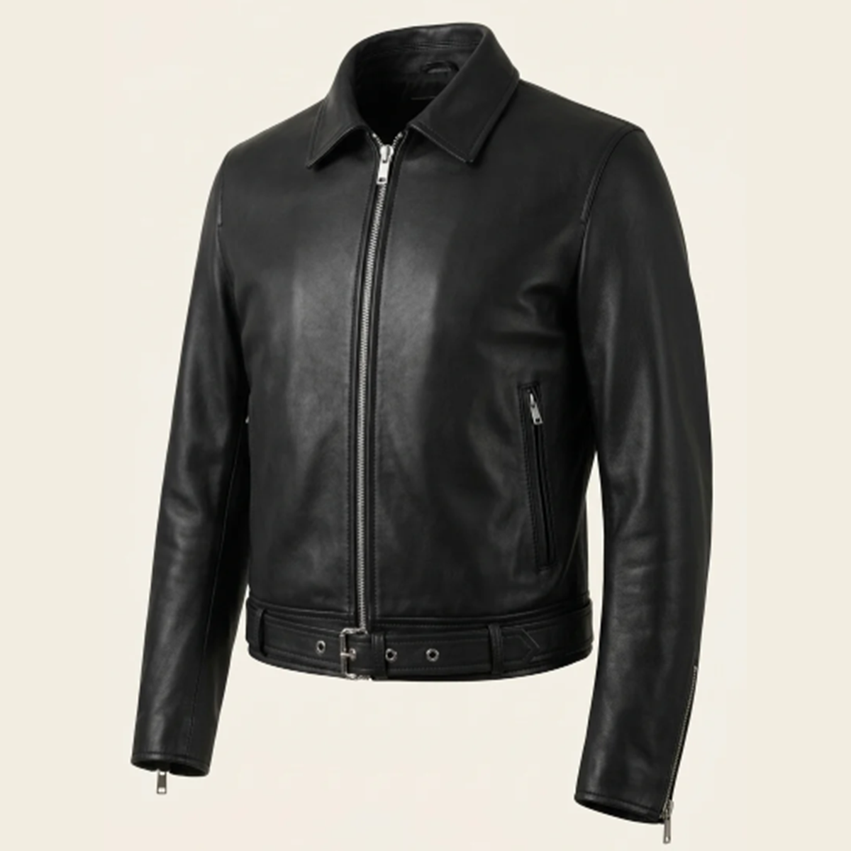 Men Belted Shirt-Collar Leather Jacket Black